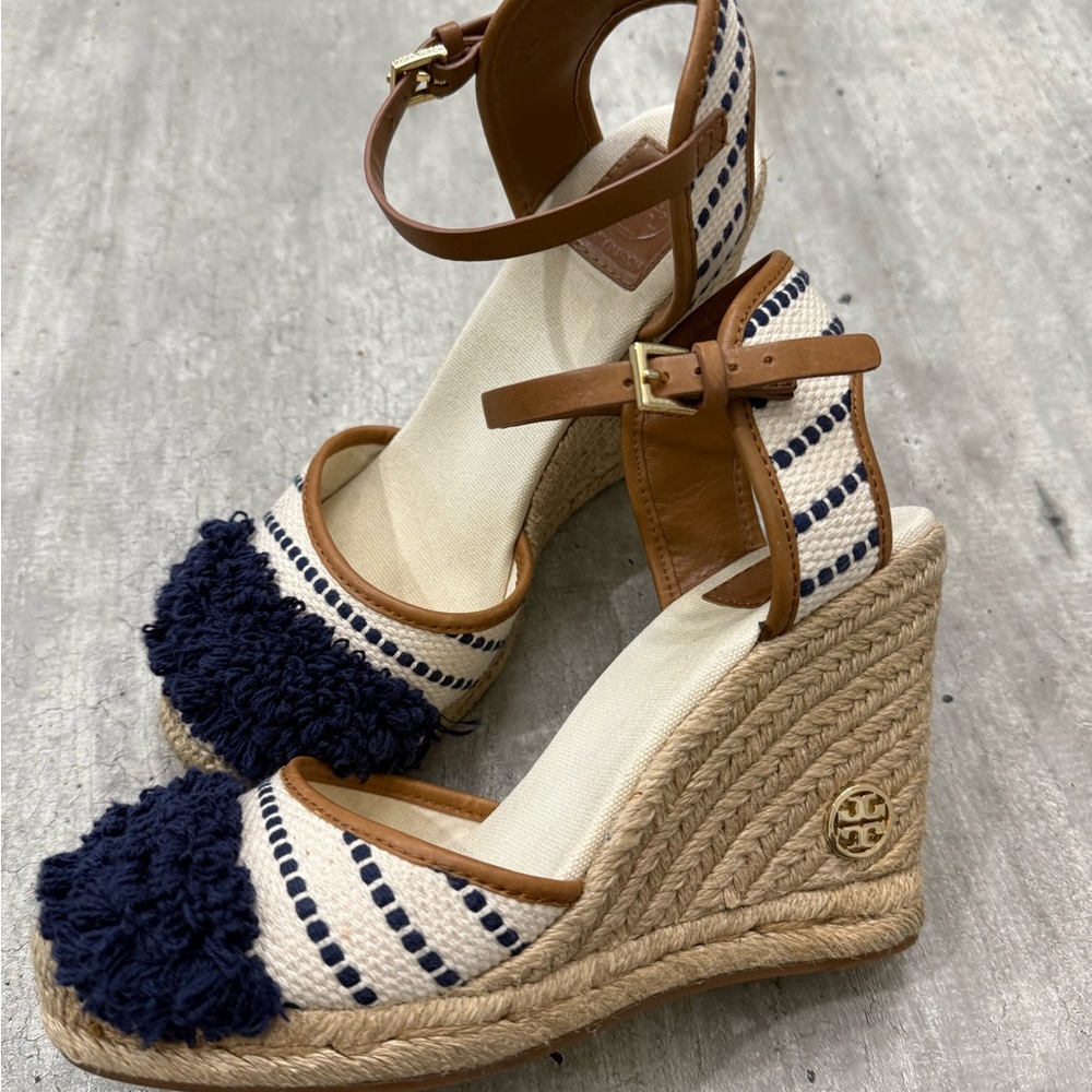 Tory Burch Blue and Cream Espadrille Wedges